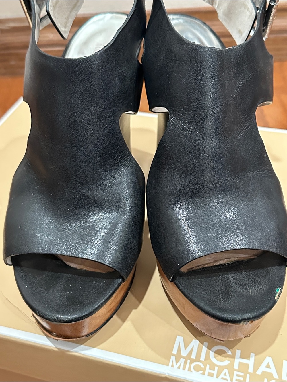 Michael Kors Josephine Black Leather Open-Toe Wedge Sandal with Brown Platform - Picture 5 of 10